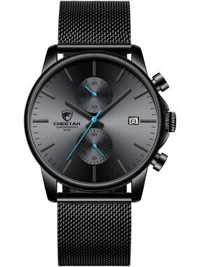 Mens Black Blue Quartz Analog Mesh Strap Stainless Steel Chronograph Round Watch